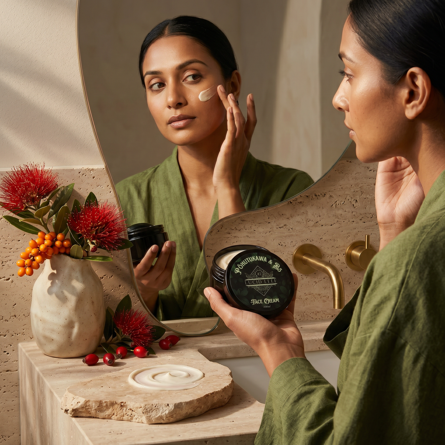 Female model in a lux bathroom applying Lucid Leef Pōhutukawa and B5 Face Cream to her cheek whilst looking in the mirror. She holds the face cream in her left hand. The stone top vanity is decorated with Pōhutukawa and rosehip in a vase.