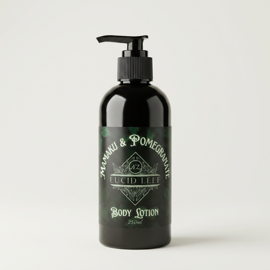 A bottle of Lucid Leef Mamaku and Pomegranate Body Lotion in a stark white studio shot.