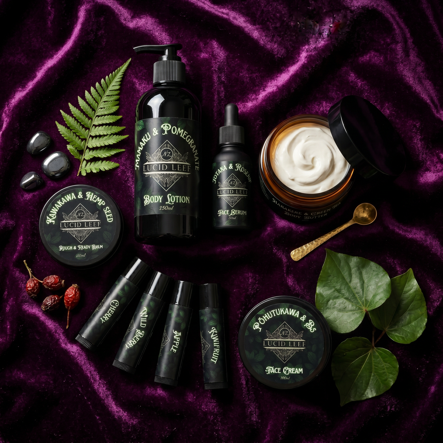 Full Lucid Leef skincare range on velvet purple background with botanicals.