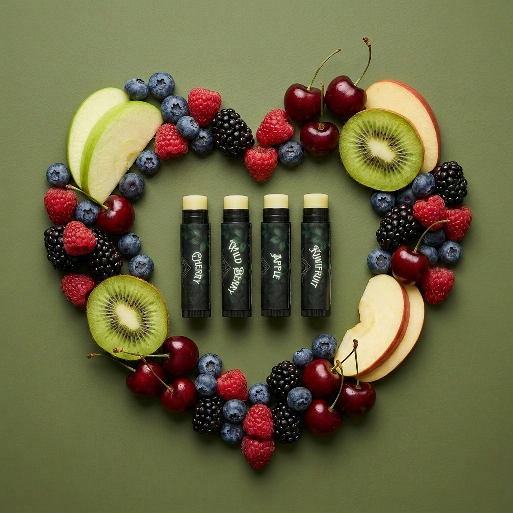 Lucid Leef Lip Balm Collection surrounded by apples, kiwifruit, berries and cherries to show the available flavours.