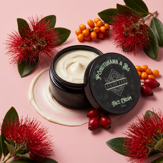 A pot of Lucid Leef Pōhutukawa and B5 Face Cream flat lay on a soft pink background. There is a smear of face cream circling around the pot while the surrounds are decorated with Pōhutukawa flowers and bunches of rosehips.