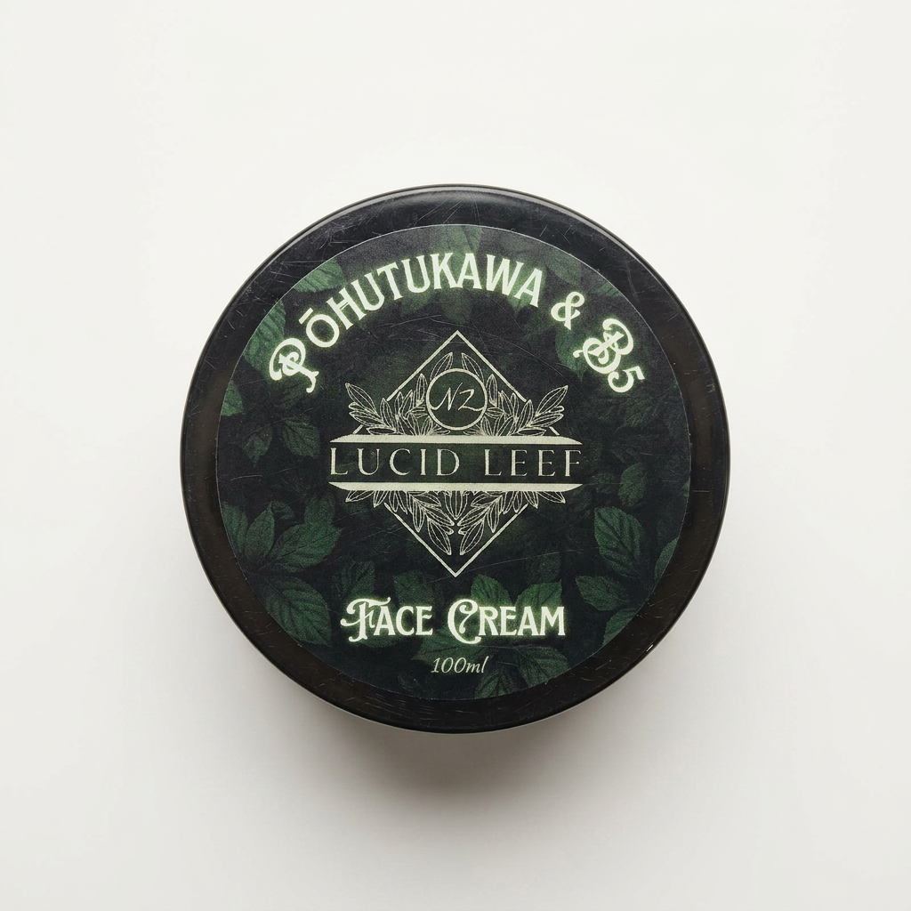 A flat lay of a pot of Lucid Leef Pōhutukawa and B5 Face Cream on a stark white studio background.