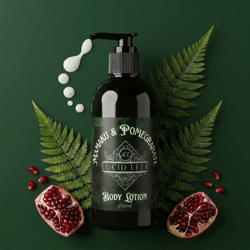 Flat lay of a bottle of Lucid Leef Mamaku and Pomegranate Body Lotion on a dark forest green background. 3 fern leaves fan out from behind the bottle and segments of pomegranate with loose seeds lay at the base. There are droplets of lotion trailing from the bottle spout.