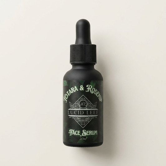A dropper bottle of Lucid Leef Face Serum on a stark white studio background.