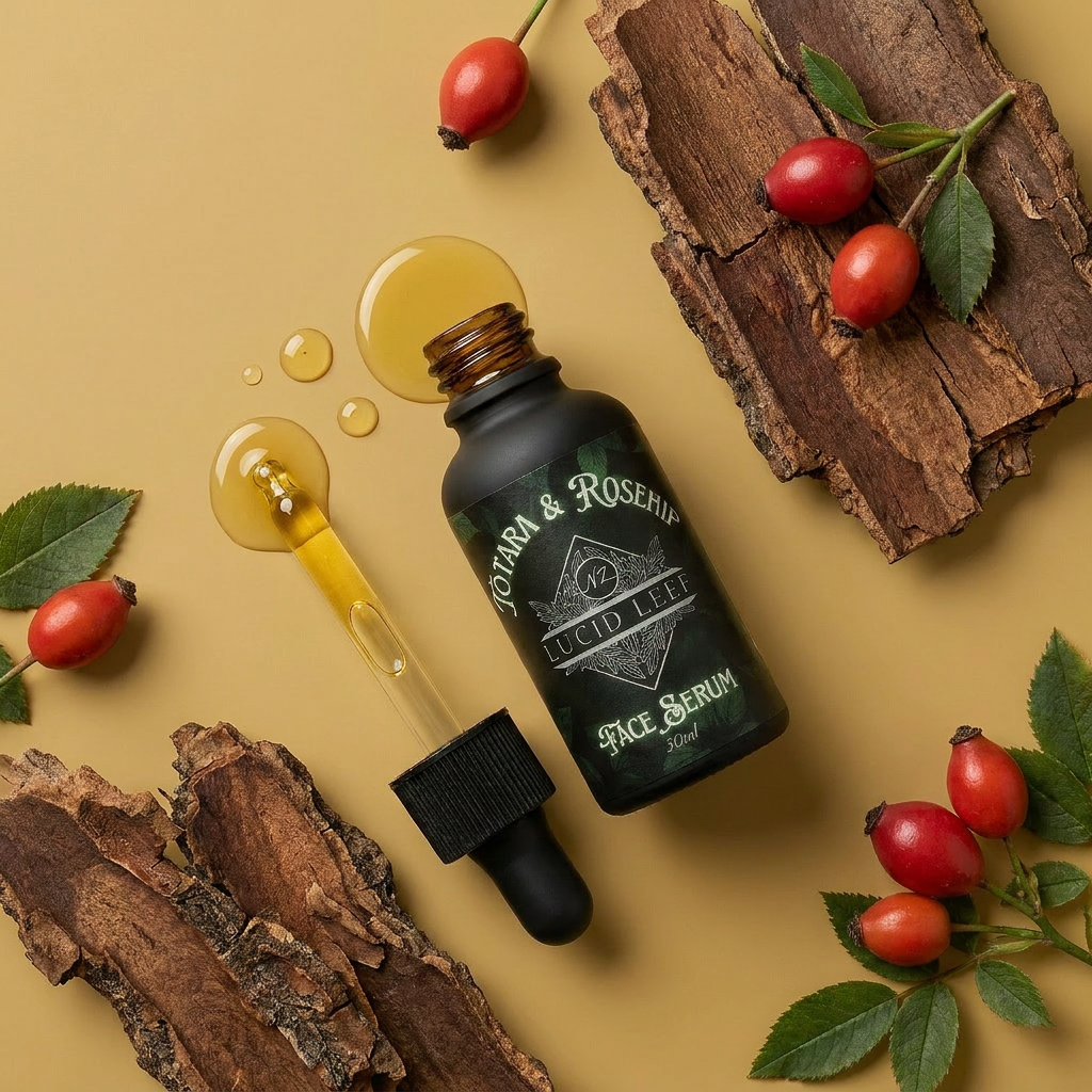 A dropper bottle of Lucid Leef Tōtara and Rosehip Face Serum lying flat on a mustard yellow background. The dropper lid is removed, and the serum is pouring onto the background. It is surrounded by rosehip and tree bark.