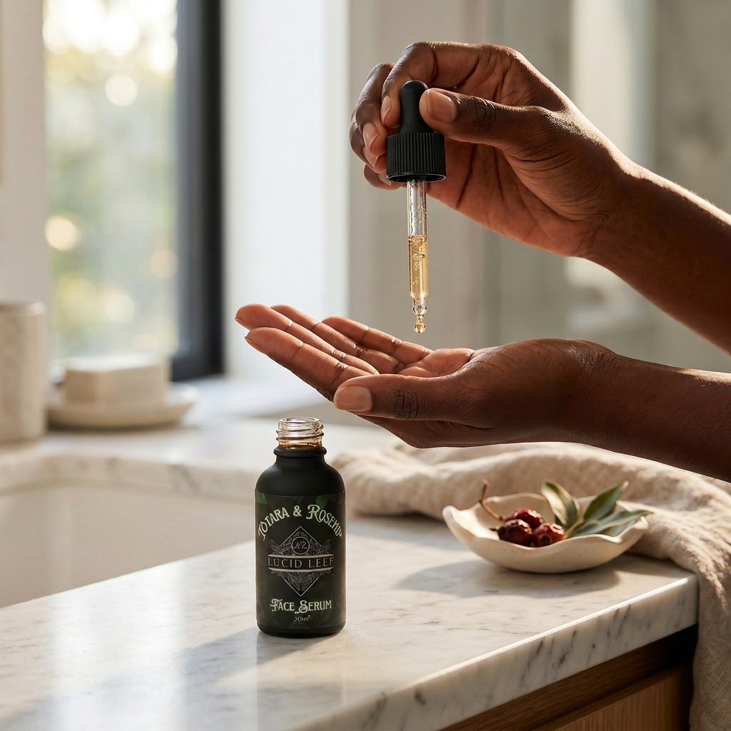 Hands of a female model in a modern fresh bathroom using the dropper from a bottle of Lucid Leef Tōtara and Rosehip Face Serum to add droplets to her other hand. The serum bottle sits on a white marble countertop next to a small dish that has Tōtara leaves and rosehip.