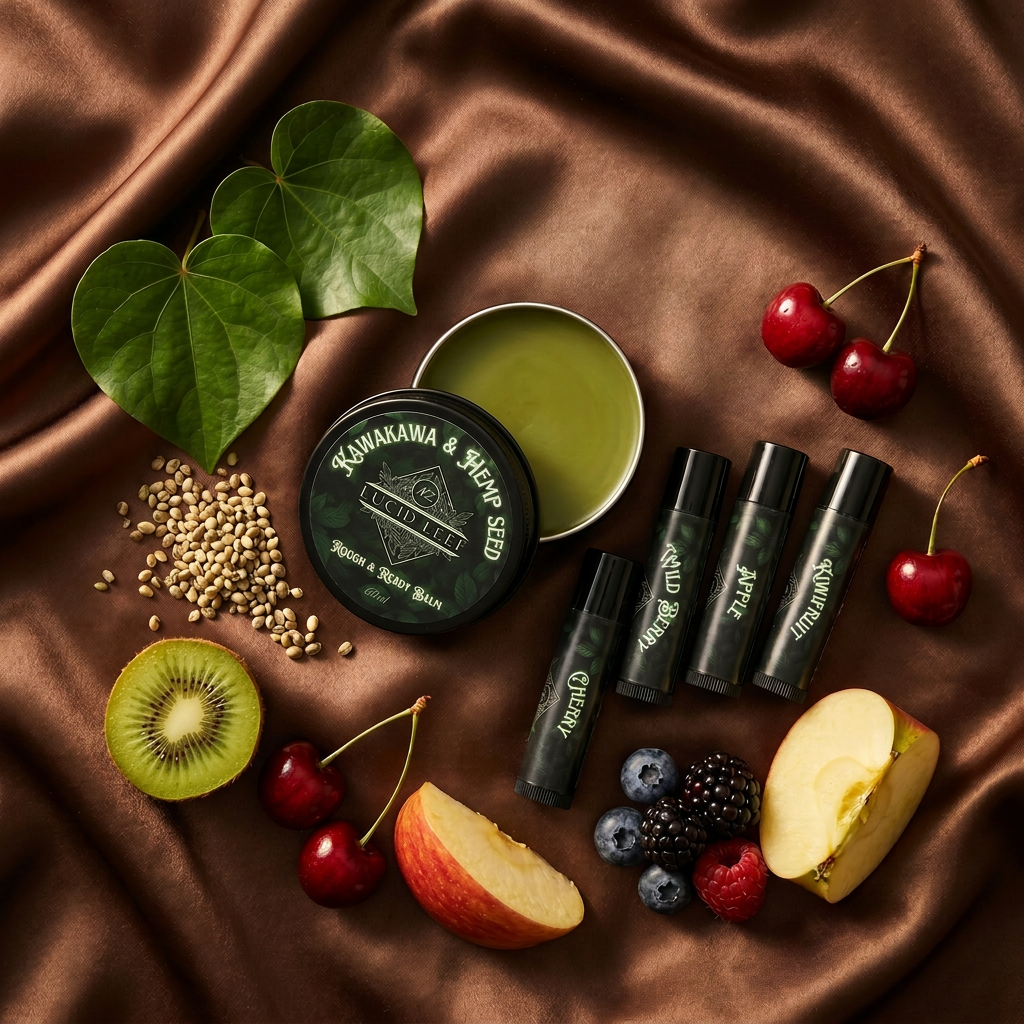 Lucid Leef Balm and lip balm on silky brown background surrounded with fruit and botanicals.