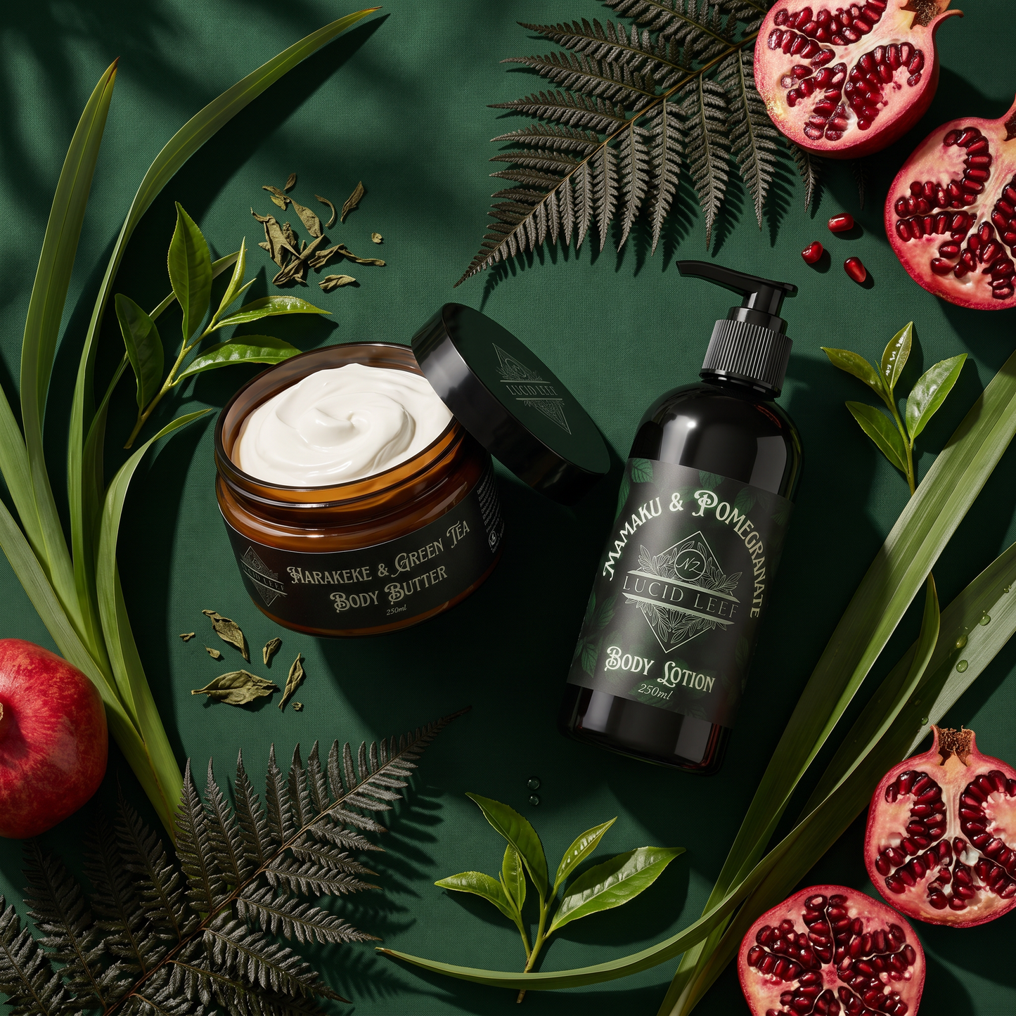 Body butter jar and body lotion bottle with pomegranate and leaf elements on a dark green background