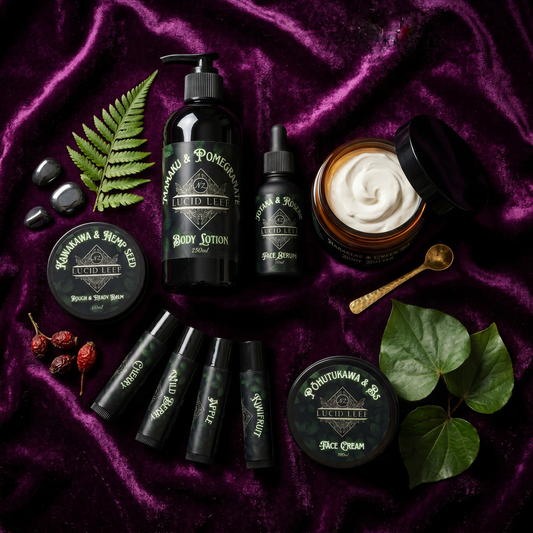 Full Lucid Leef skincare range on velvet purple background with botanicals.