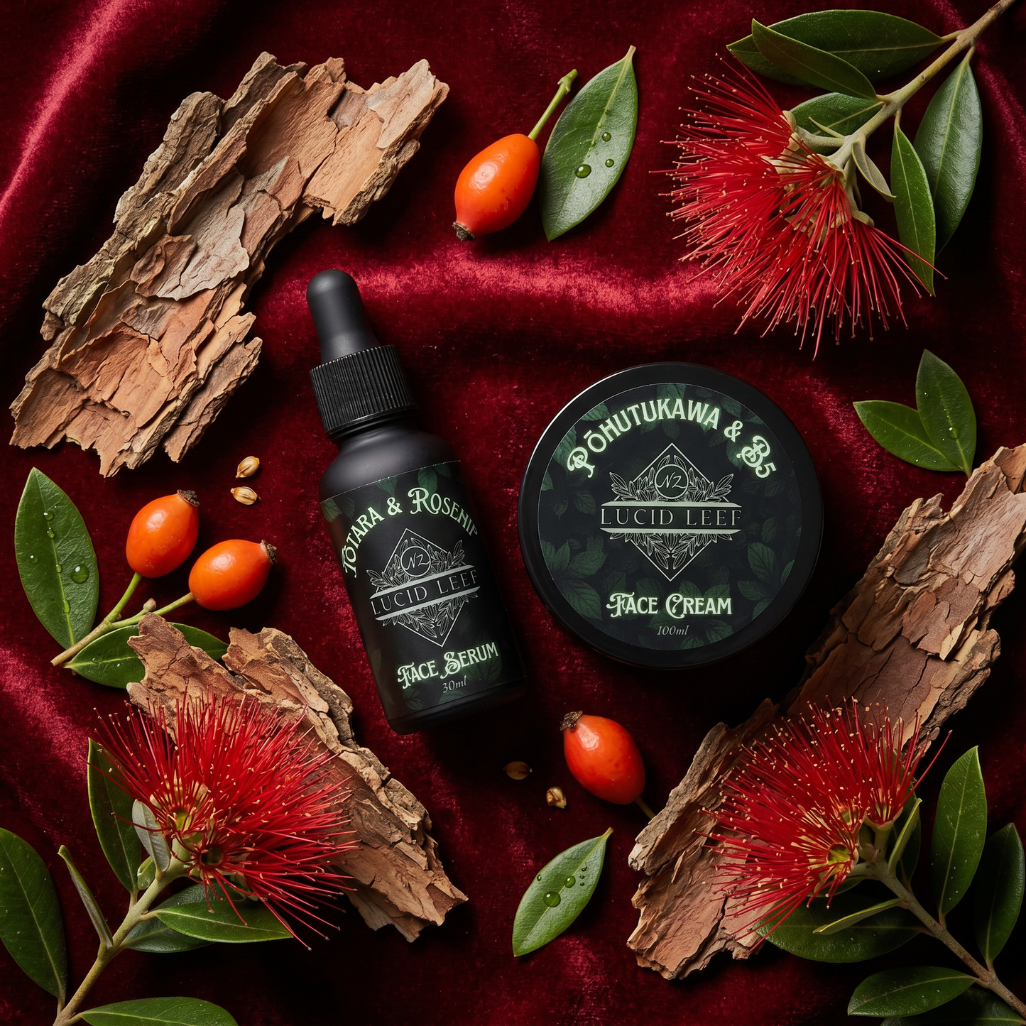 Cosmetic products with natural elements on a red fabric background