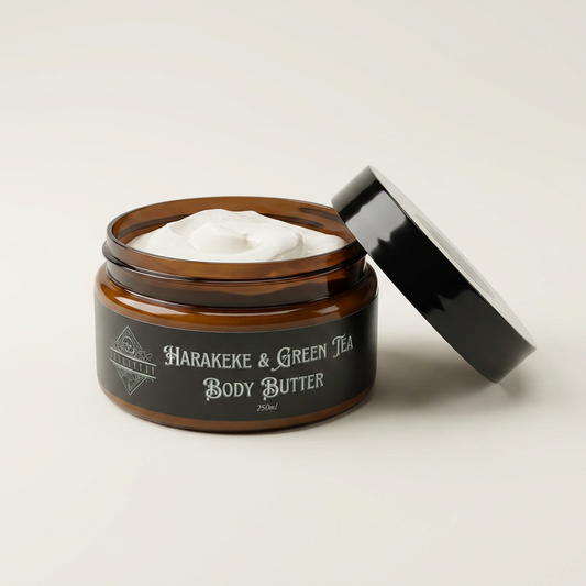 Jar of Harakeke & Green Tea Body Butter with a black lid on a light background