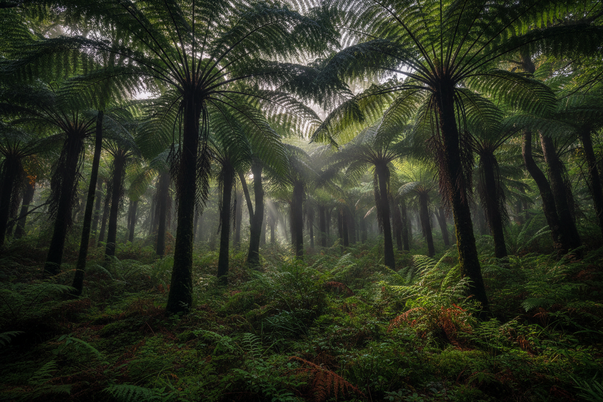 A dense fern forest with tall tree ferns and lush green undergrowth, shrouded in mist with soft light filtering through the canopy.