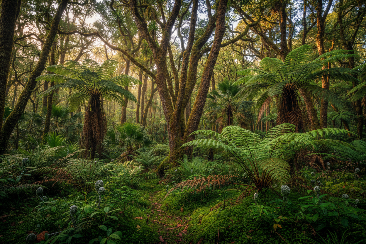 Dense forest with tall trees and ferns in a natural setting