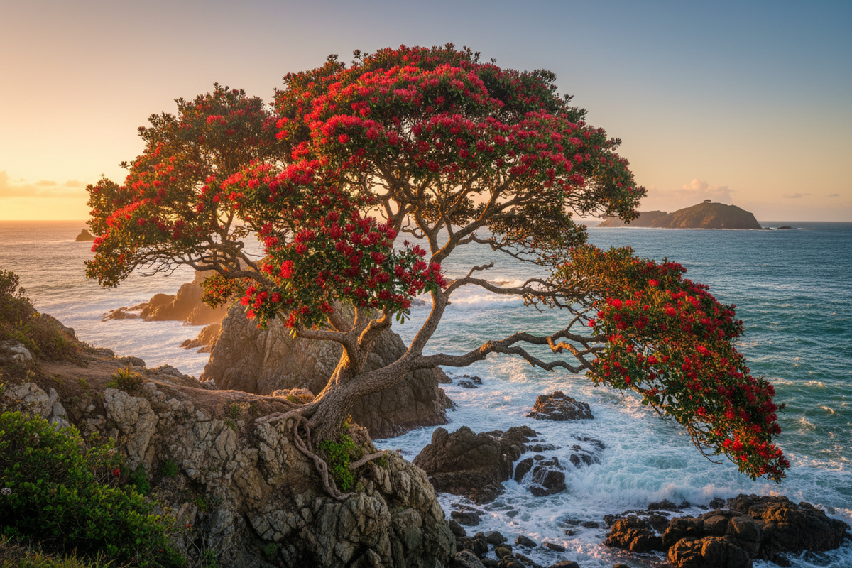 Pōhutukawa tree in bloom, perched on a cliffside and hanging over the sea edge