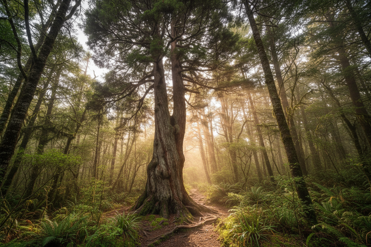 A tall, ancient tree with a thick textured trunk and exposed roots stands in a dense green forest, with a narrow dirt path winding around its base.